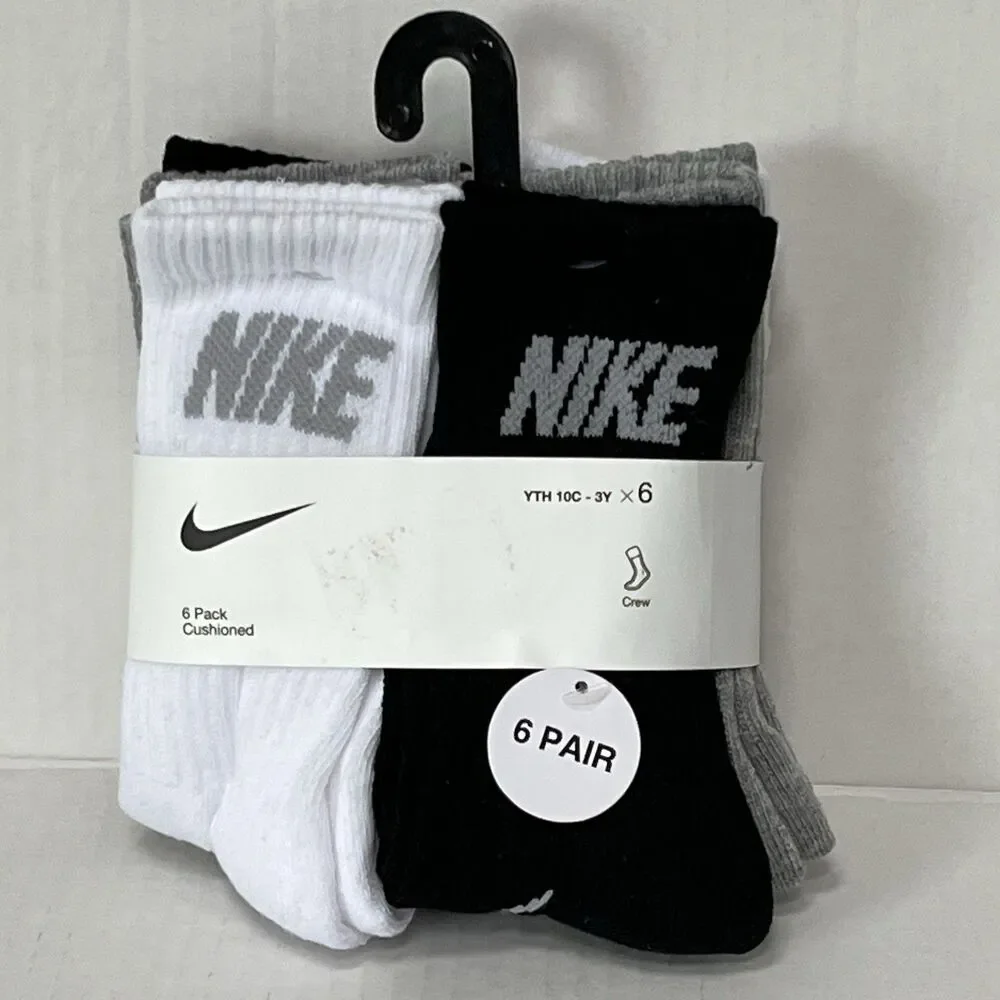 Nike Kids Performance Crew Cushioned Training Socks Sz XS 5-7 Shoe 10C-3Y 6-Pack